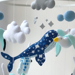 baby mobile felt ocean mobile , whale mobile with narwhals and and seagulls , under the sea mobile , crib mobile image 9