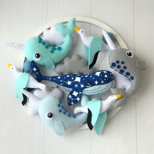 baby mobile felt ocean mobile , whale mobile with narwhals and and seagulls , under the sea mobile , crib mobile image 3