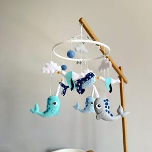 ocean nursery felt baby mobile neutral, under the sea mobile with whale and narwhals, gift for ocean baby shower, nautical mobile nursery
