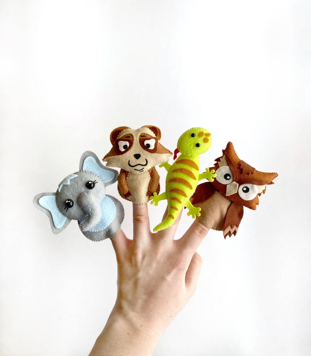 Finger Puppet Set With Safari, Woodland Animals Elephant, Meerkat, Owl