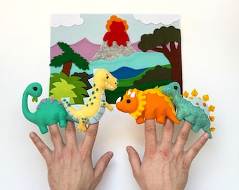 felt dinosaur finger puppet set, gift for toddler dinosaur birthday, animal puppets theatre, Montessori baby toys educational, pretend play