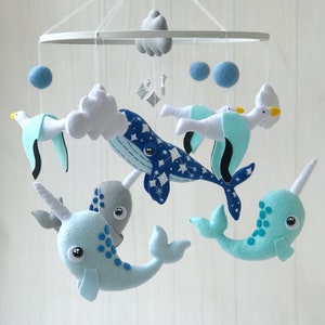 baby mobile felt ocean mobile , whale mobile with narwhals and and seagulls , under the sea mobile , crib mobile image 6