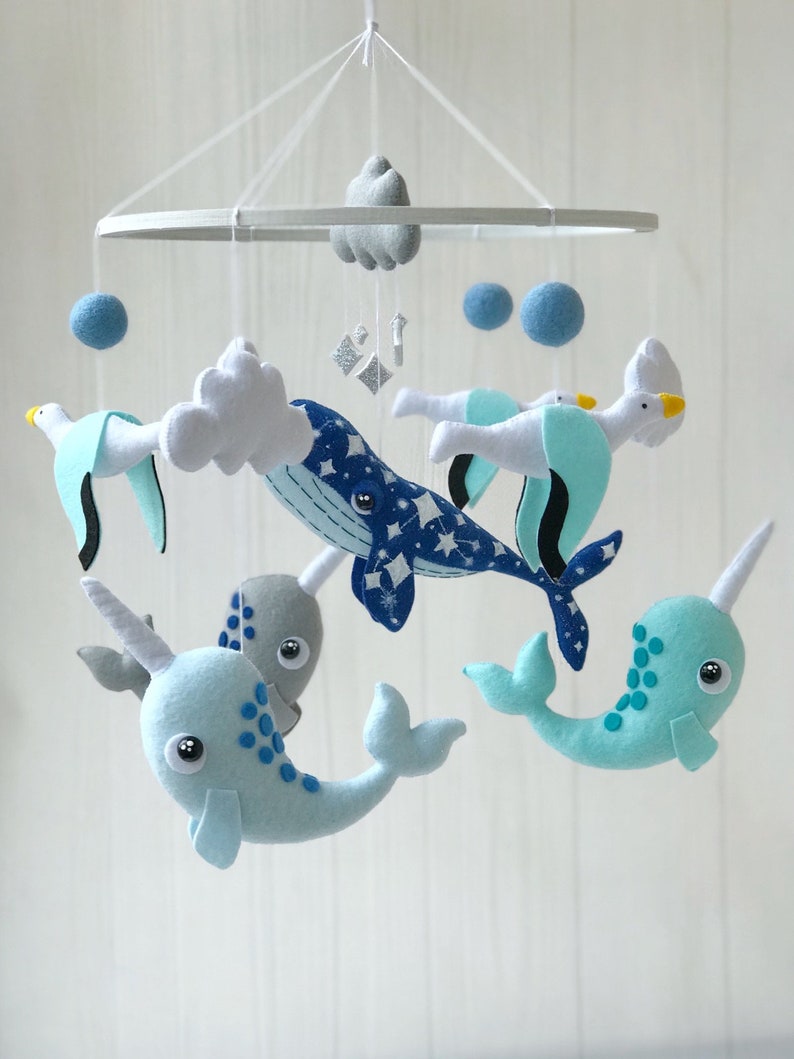 baby mobile felt ocean mobile , whale mobile with narwhals and and seagulls , under the sea mobile , crib mobile image 6