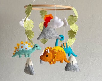 dinosaur mobile for nursery with volcano, mountains, monstera, t-Rex, baby crib mobile, dinosaur room decor,Jurassic mobile,dino baby shower