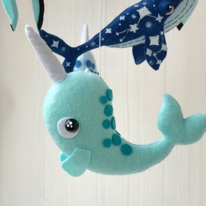 baby mobile felt ocean mobile , whale mobile with narwhals and and seagulls , under the sea mobile , crib mobile image 5