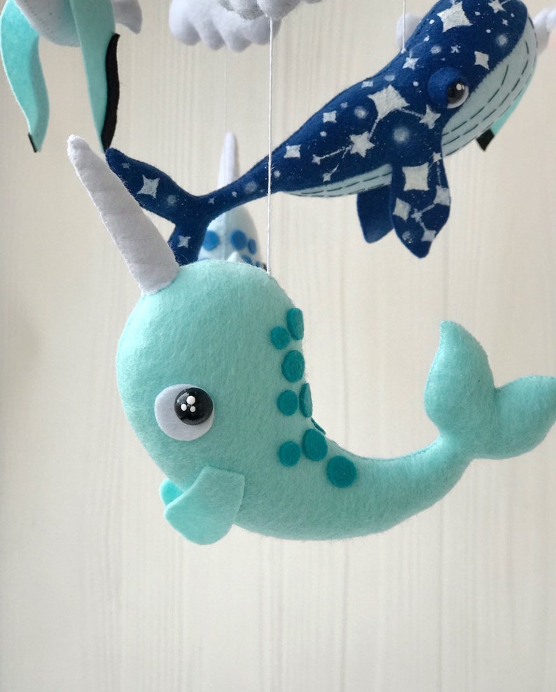 baby mobile felt ocean mobile , whale mobile with narwhals and and seagulls , under the sea mobile , crib mobile image 5