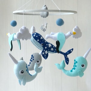 baby mobile felt ocean mobile , whale mobile with narwhals and and seagulls , under the sea mobile , crib mobile image 2