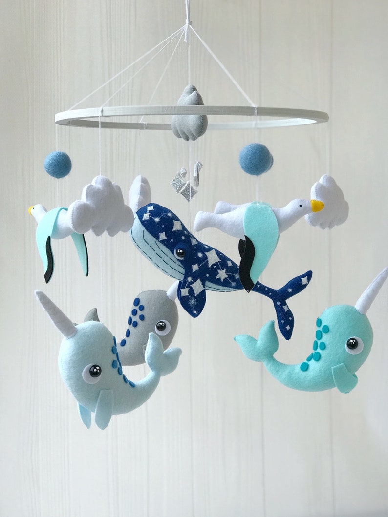 baby mobile felt ocean mobile , whale mobile with narwhals and and seagulls , under the sea mobile , crib mobile image 2