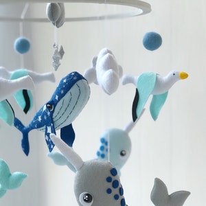 baby mobile felt ocean mobile , whale mobile with narwhals and and seagulls , under the sea mobile , crib mobile image 4