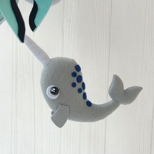 baby mobile felt ocean mobile , whale mobile with narwhals and and seagulls , under the sea mobile , crib mobile image 8