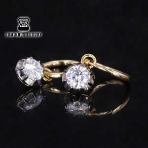 Georgian Cut Down Collet Setting Drop Earrings, 0.45/0.9/1.6 TCW Round Cut Moissanite Engagement Earrings, Hinged Back Huggie Hoop Earrings