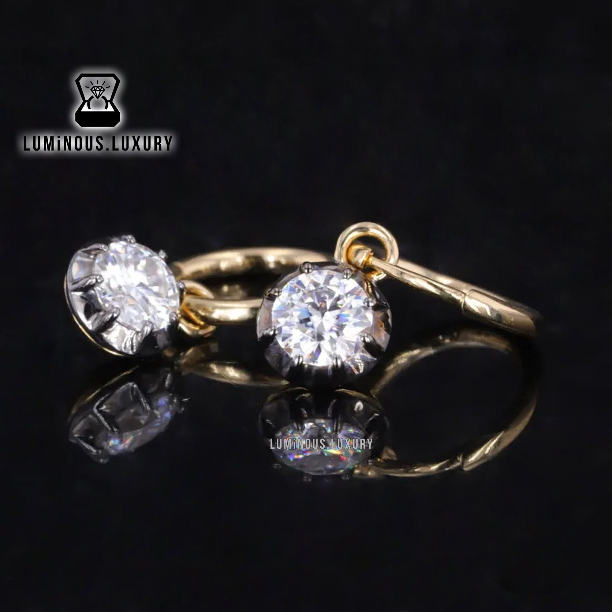 Georgian Cut Down Collet Setting Drop Earrings, 0.45/0.9/1.6 TCW Round Cut Moissanite Engagement Earrings, Hinged Back Huggie Hoop Earrings