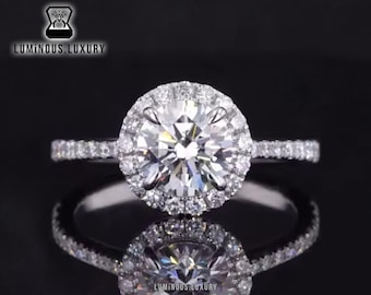 Classic Halo Moissanite Ring: Platinum Wedding Ring, 1/ 1.50/ 2.25 Carat Round Cut Promise Ring, 4 Claw Prong Tapered Band Anniversary Ring