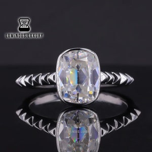 Fully Secure Moissanite Ring, Bezel Set Solitaire Ring, 3/4/5.50 Carat Old Mine Cushion Cut Unique Design Engagement Ring, Thanksgiving Gift