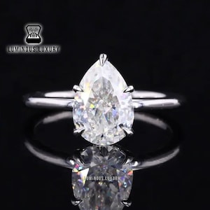 5 Claw Prong Basket Set Plain Band Solitaire Ring, Hidden Halo Wedding Ring, Dainty 1.50/2.25/3.20 Carat Pear Cut Moissanite Engagement Ring