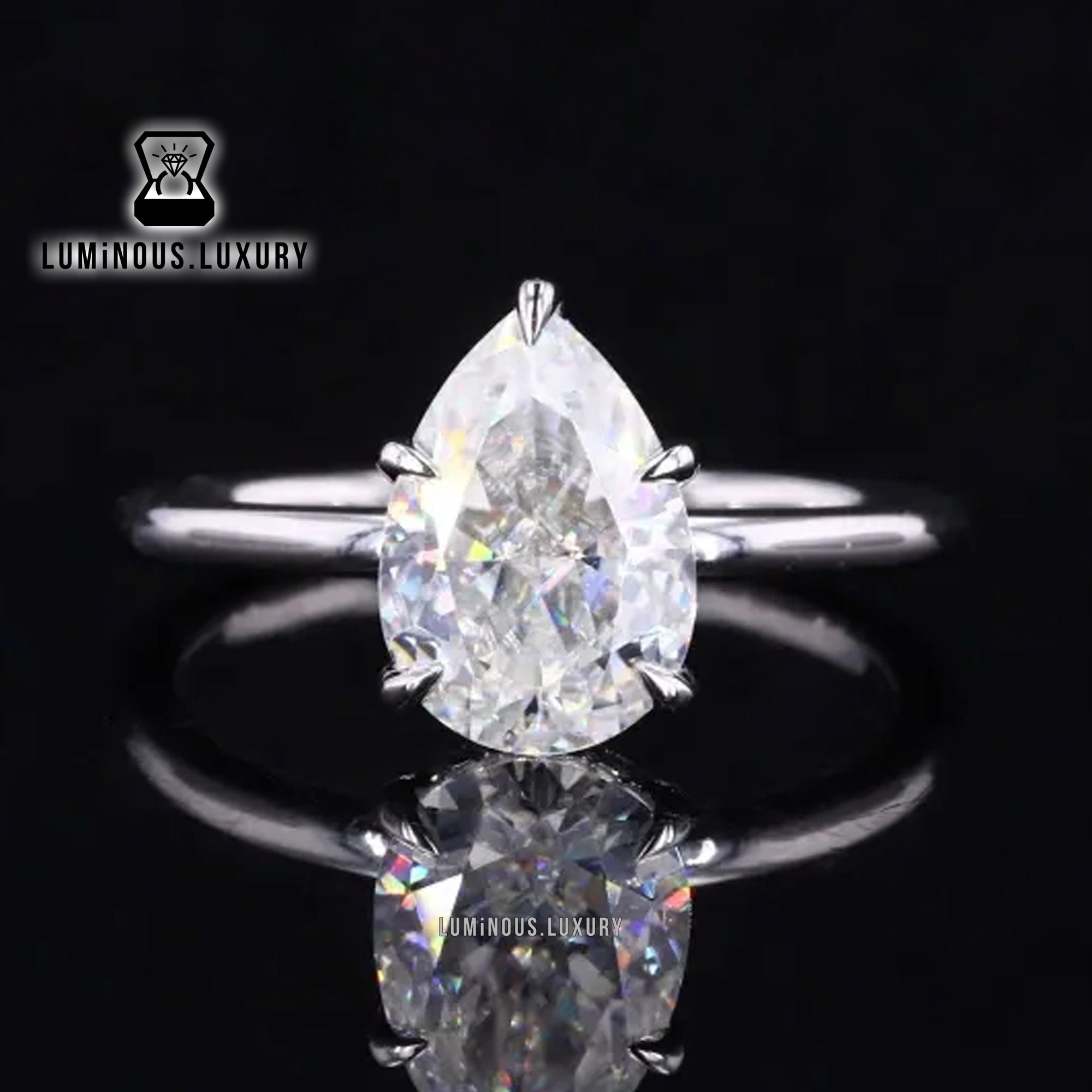 5 Claw Prong Basket Set Plain Band Solitaire Ring, Hidden Halo Wedding Ring, Dainty 1.50/2.25/3.20 Carat Pear Cut Moissanite Engagement Ring