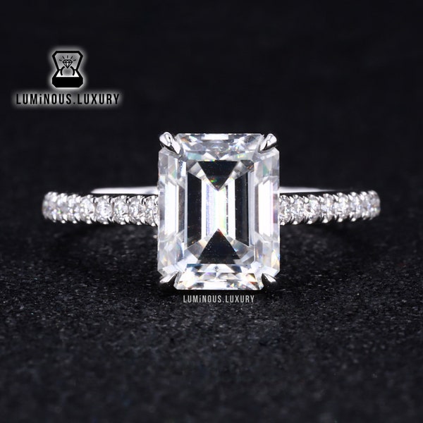 Hidden Halo Solid Gold Ring, Colorless 2.4/3.5/5 Carat Emerald Cut Moissanite Designer Wedding Ring, Claw Prong Pave Accent Anniversary Ring