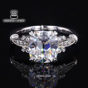 Milgrain Set Designer Anniversary Gift Ring, 2/ 3/ 4 Carat Old Mine Cushion Cut Moissanite Wedding Ring, Art Deco Vintage Style Promise Ring