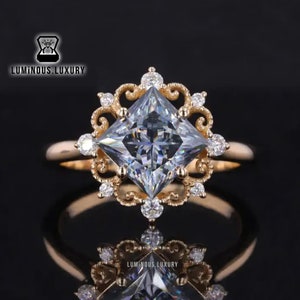 Art Deco Grey Moissanite Engagement Ring: 1.25/ 2/ 3 Carat Princess Cut Compass Setting Ring, Vintage Cluster Set Filigree Anniversary Ring