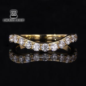 Contour Wedding Band, Round Cut Colorless Moissanite Half Eternity Curved Wave Engagement Band, Stackable Matching Band For Anniversary Ring