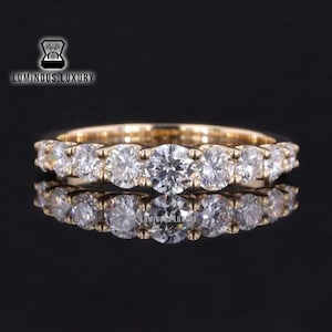 U Prong Set 9 Stone Wedding Band: 10K Yellow Gold Anniversary Ring, Round Cut Colorless Moissanite Matching Band For Women&#39;s Promise Ring
