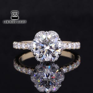 Art Deco 2 Tone Ring, Flower Engagement Ring, Halo Wedding Ring, Elegant 1/1.50/2.25 Carat Round Cut Moissanite Ring, Women&#39;s Proposal Ring