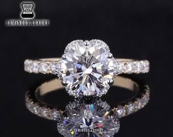 Vintage Tulip Ring: Two Tone Flower Halo Wedding Ring, Elegant 1/ 1.50/ 2.25 Carat Round Cut Moissanite Proposal Ring, Women's Day Gift