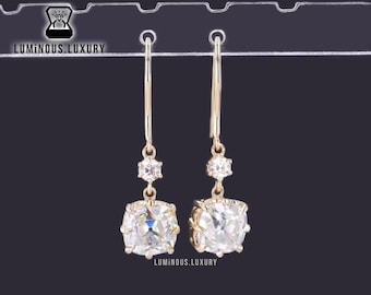 3/ 4/ 4.5 TCW Old Mine Cushion Cut Moissanite Dangle Earrings: Solid Gold Hook Earrings, Dainty Two Stone Designer Drop Earrings For Women