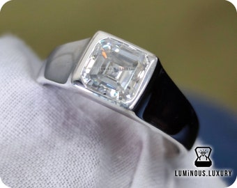 Full Bezel Set 1.50 CT Asscher Cut Full White Moissanite Classic Solitaire Men's Ring For Engagement and Wedding Gift, Men's Moissanite Ring