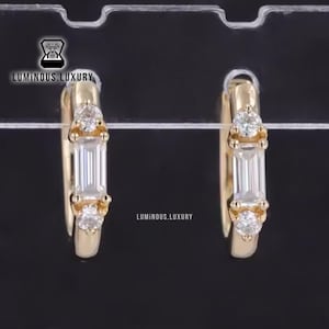 Three Stone Earrings, Hinged Huggie Hoop Wedding Earrings, Colorless Baguette With Round Cut Moissanite Bridal Earrings, Graduation Day Gift