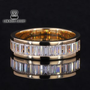 Unique Channel Set Half Eternity Band For Him/ Her, Unisex Wedding Band, Baguette Cut Colorless Moissanite Stackable Engagement Band For Men