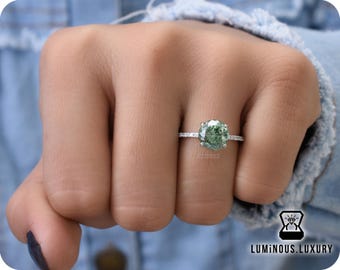 Antique 2 CT Portuguese Cut Light Green Moissanite Engagement Ring, Hidden Halo Wedding Ring, Anniversary Gift, Promise Ring, Stackable Band