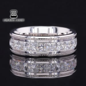 Men&#39;s Band, Vintage Milgrain With Channel Set Moissanite Band, Art Deco Princess Cut Colorless Moissanite Half Eternity Wedding Band For Him