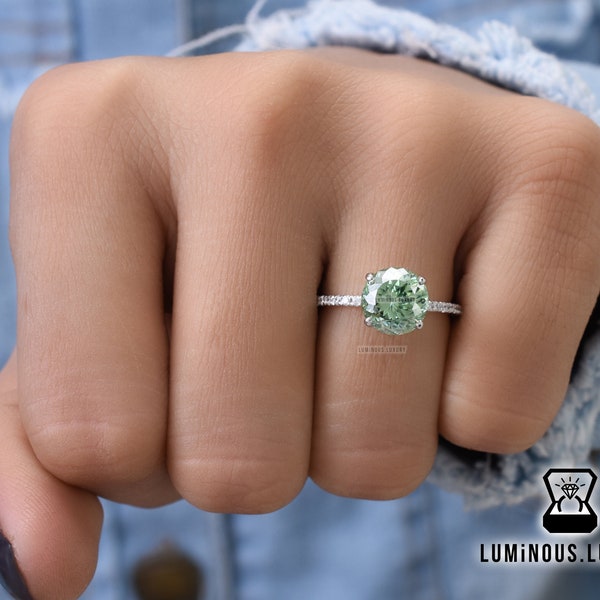 Antique 2 CT Portuguese Cut Light Green Moissanite Engagement Ring, Hidden Halo Wedding Ring, Anniversary Gift, Promise Ring, Stackable Band