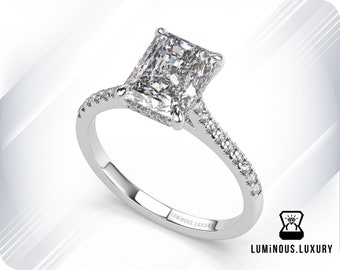 Ice Crushed 2 Ct Radiant Colorless Moissanite Ring, Engagement Ring, Hidden Halo Ring, Pave Set, Wedding Ring, Yellow/Rose/White Gold Ring