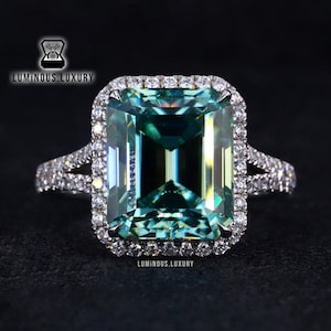 Beautiful 3.5/ 5/ 6.5 Carat Fancy Green Emerald Cut Wedding Ring In 10k/14k/18k White Gold, Split Shank Halo Moissanite Designer Bridal Ring