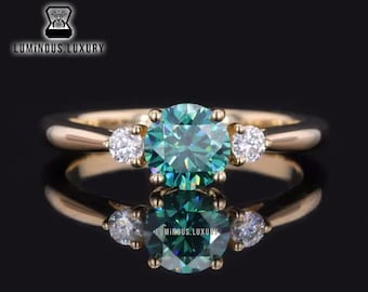 Teal Moissanite Engagement Ring, 3 Stone Round Cut Cyan blue Ring, Solid Gold Unique Wedding Ring, Anniversary Gift for Her