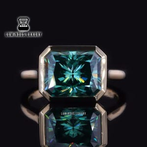 Unique East West Ring, Green Moissanite Bridal Ring, 2.50/ 4/ 5.25 Carat Radiant Cut Women&#39;s Ring, Classic Solitaire Bezel Set Proposal Ring