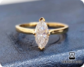 Superb 1 Carat Marquise Cut Full White Moissanite 10K/14K/18K, White/Yellow/Rose Gold 4 Prong Classic Solitaire Ring For Engagement,Wedding