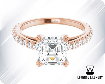 Asscher Cut Moissanite Accents Ring/ Solid 18K Gold Half Eternity Ring/ Moissanite Engagement Ring/ Sturdy Gorgeous Ring Gift For Wifey