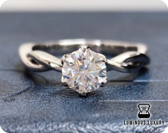 Twist Shank Infinity Solitaire Moissanite Ring, 6.5mm Round Moissanite Ring, Women&#39;s Promise Moissanite Ring, Twist Band Engagement Ring