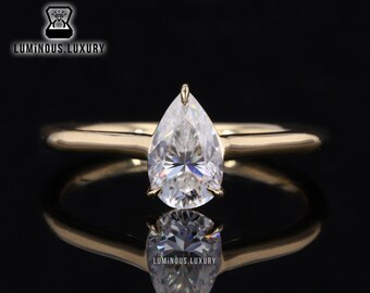 18K Solid Gold Solitaire Wedding Ring: 1/ 1.50/ 2.25 Carat Pear Cut Moissanite Anniversary Ring, 3 Claw Prong Comfort Fit Ring For Mother