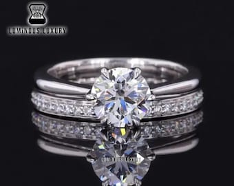 Moissanite Bridal Set: 6 Claw Prong Solitaire Tulip Ring With Full Eternity Band, 1/ 1.50/ 2.25 Carat Round Cut Stacking Anniversary Ring
