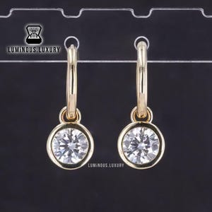 Dainty Dangling Bezel Huggie Hoop Earrings, 1.60/ 2/ 2.50 TCW Round Cut Colorless Moissanite Charm Earrings, Handmade Earrings Gift For Her