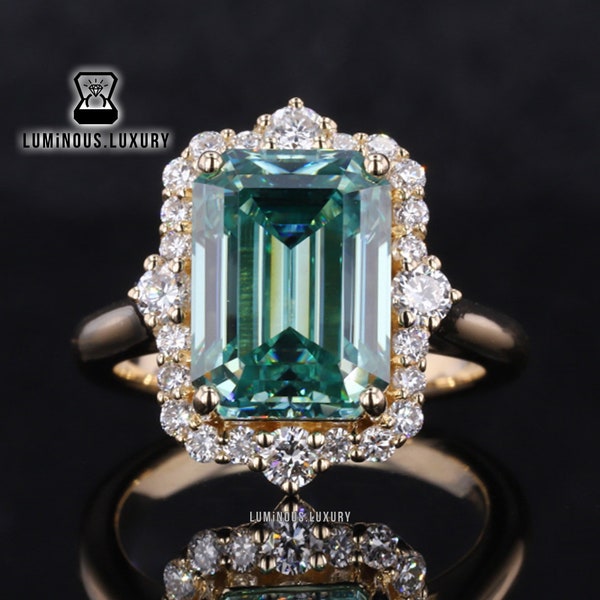 Vintage Halo Moissanite Cathedral Set Ring, Art Deco Wedding Promise Ring, Amazing 1.5/2.75/4 Carat Light Green Emerald Cut Anniversary Ring