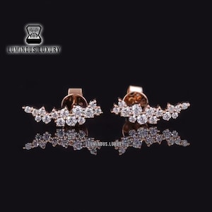 Unique Curved Cluster Ear Climber Earrings, Push Back Ear Crawler Earrings, Fiery Round Brilliant Cut Moissanite Stud Earrings, Gift For Her
