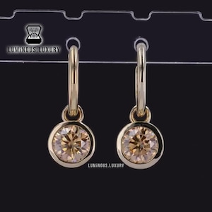 Yellow Moissanite Hoop Earrings: 14k Gold Solitaire Dangle Earrings, 1.60/2/2.50 TCW Round Cut Bezel Set Charm Drop Earrings, Birthday Gift