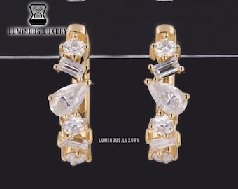 Antique Cluster Huggie Earrings: Pear/Baguette/Round Cut Six Stone Earrings, Multi Shape Moissanite Hoop Earrings, Thanksgiving Gift For Her