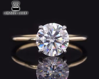 Hidden Halo Ring: 4 Prong Basket Set Solitaire Two Tone Wedding Ring, 1.15/2/2.75 Carat Round Cut Moissanite Proposal Ring, Women's Day Gift