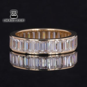 Delicate Channel Set Band, Full Eternity Wedding Band, Colorless Baguette Cut Moissanite Unisex Band, Stacking Anniversary Band For Him/Her